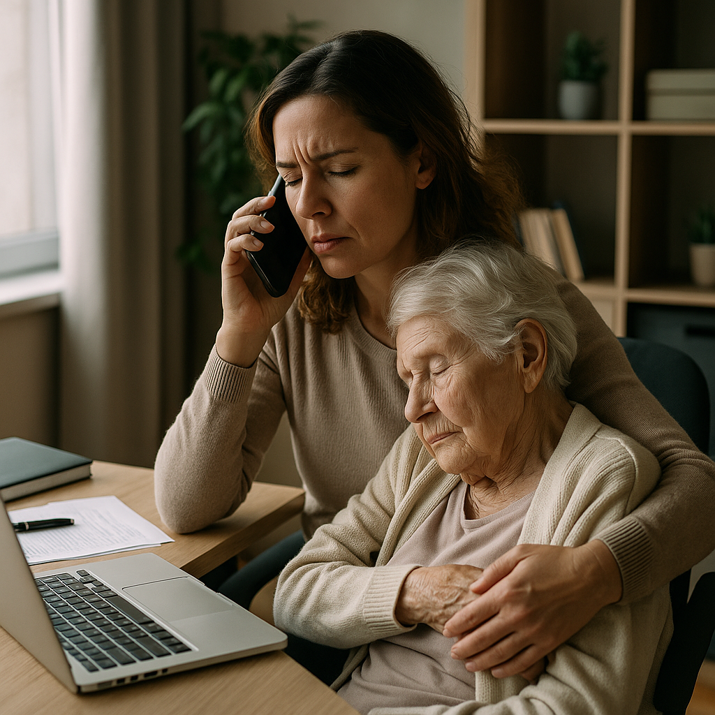 Mantelzorg en werk combineren: de stille kracht van zorgende werknemers Vrouw werkt thuis achter een laptop terwijl ze telefoneert en haar oudere moeder liefdevol ondersteunt; de vrouw kijkt geconcentreerd en bezorgd.